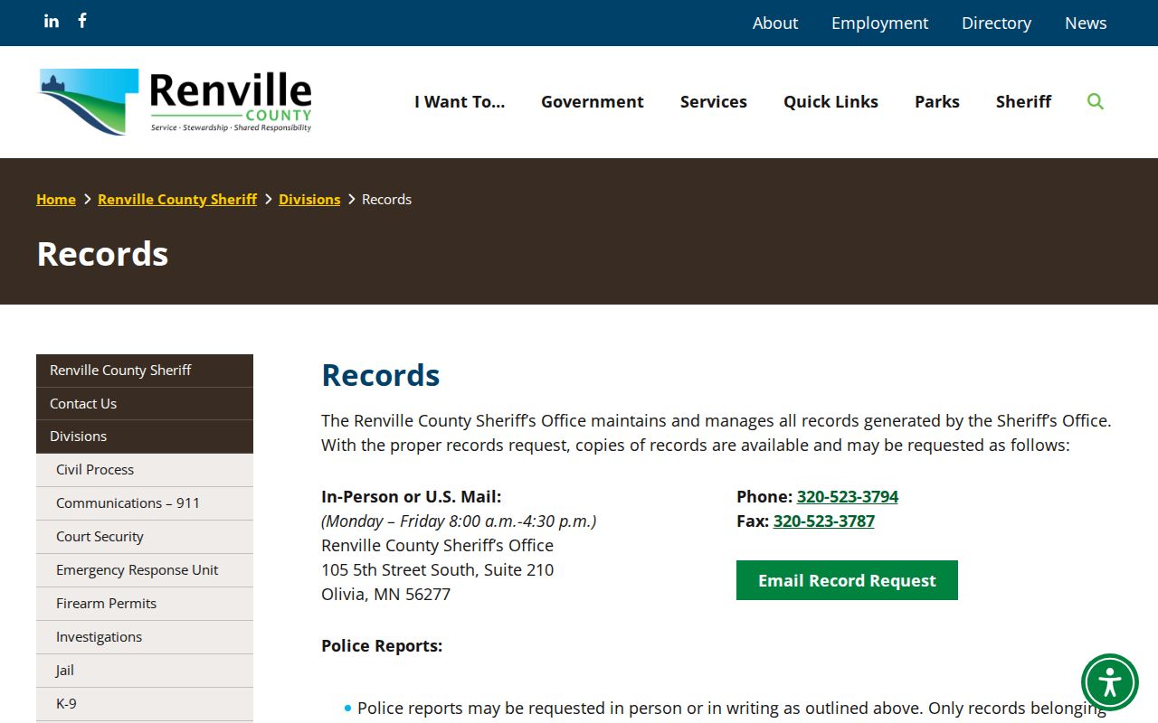 Renville County released inmate records contact page