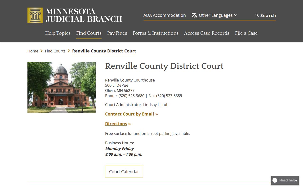 Renville County court release record and calendar contact